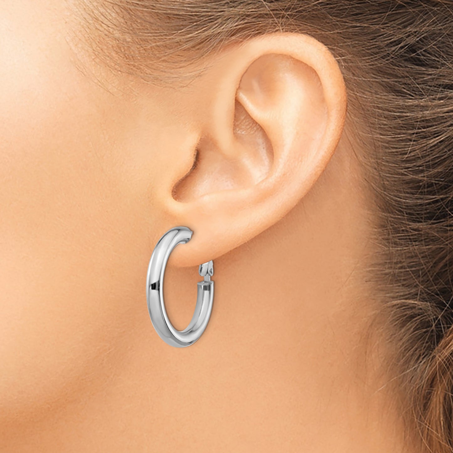 14k White Gold 4x28mm Polished Round Omega Back Tube Hoop Earrings