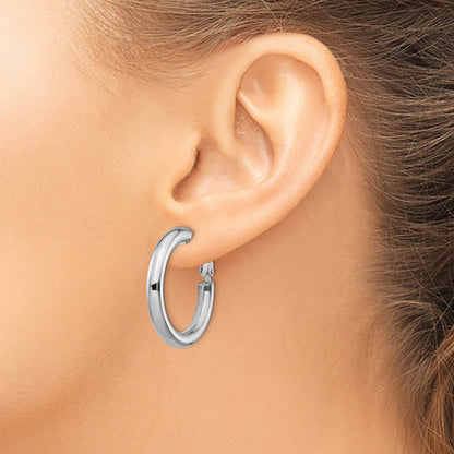 14k White Gold 4x28mm Polished Round Omega Back Tube Hoop Earrings