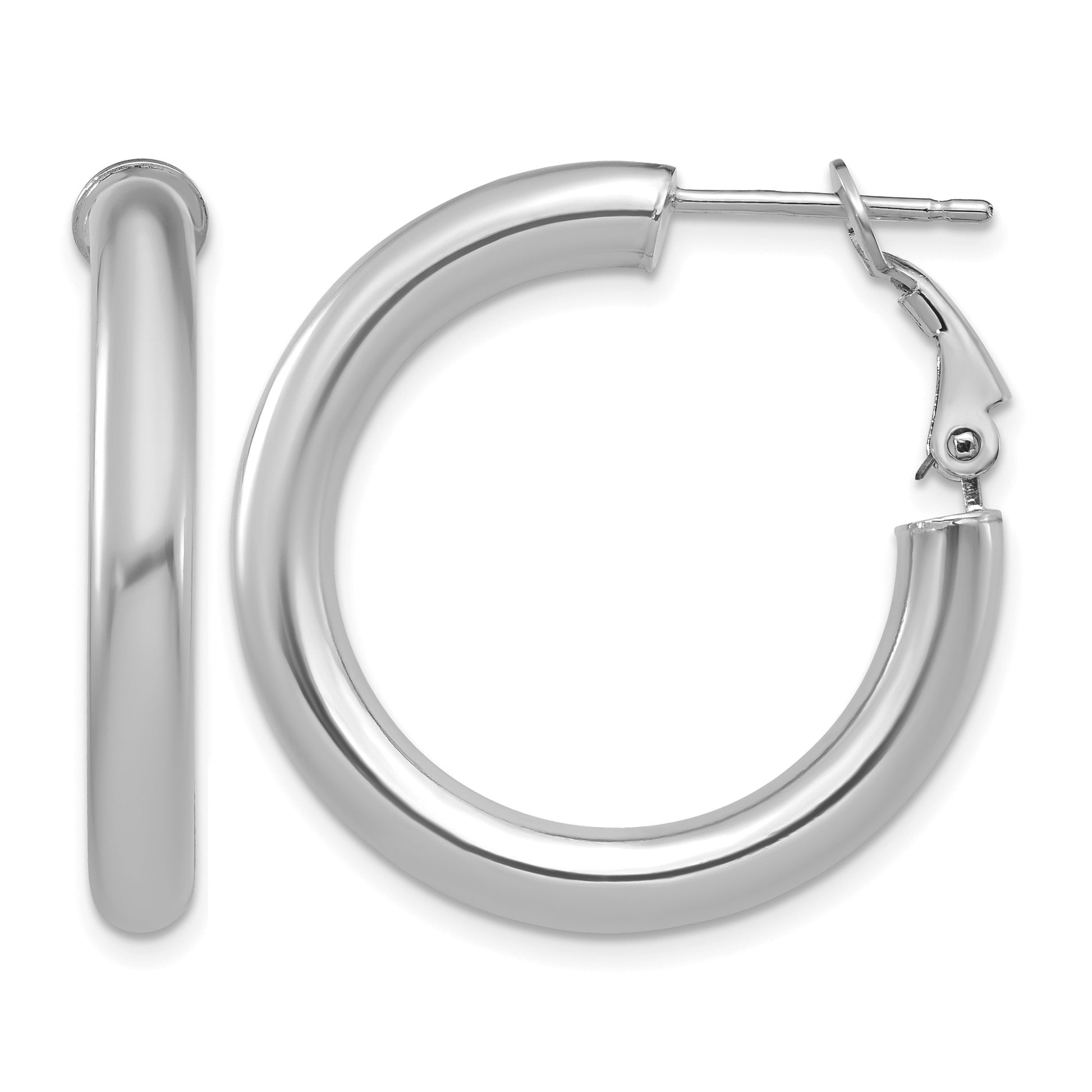 14k White Gold 4x28mm Polished Round Omega Back Tube Hoop Earrings
