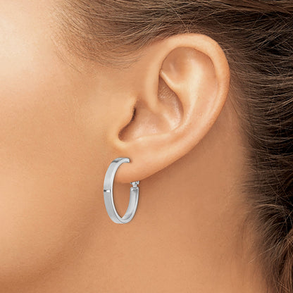 14k White Gold 3x25mm Polished Square Tube Omega Back Round Hoop Earrings