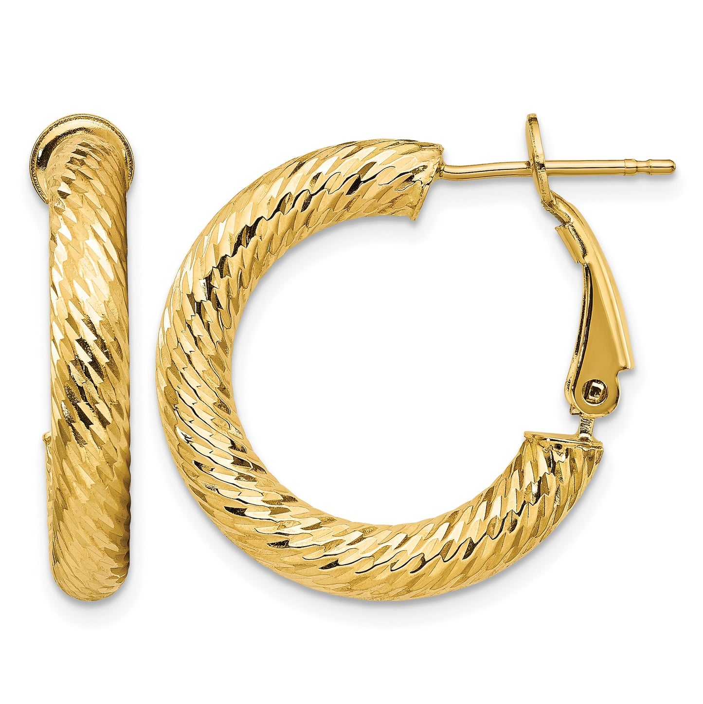 14k 4x23mm Diamond-cut Round Omega Back Tube Hoop Earrings
