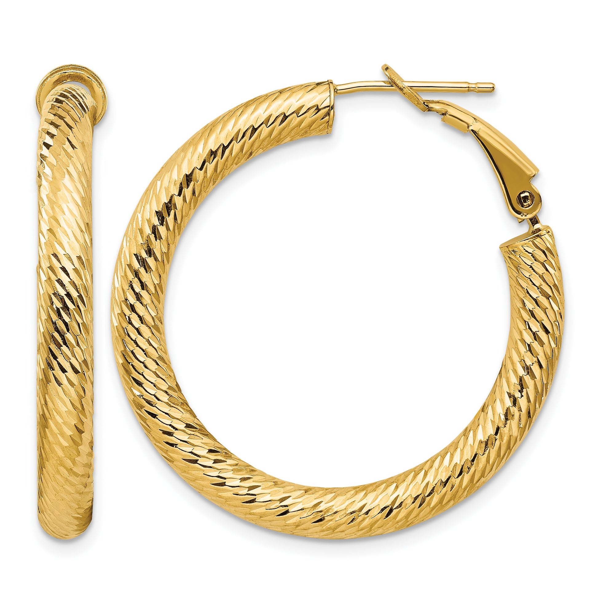 14k 4x34mm Diamond-cut Round Omega Back Tube Hoop Earrings