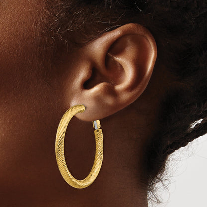14k 4x40mm Diamond-cut Round Omega Back Tube Hoop Earrings