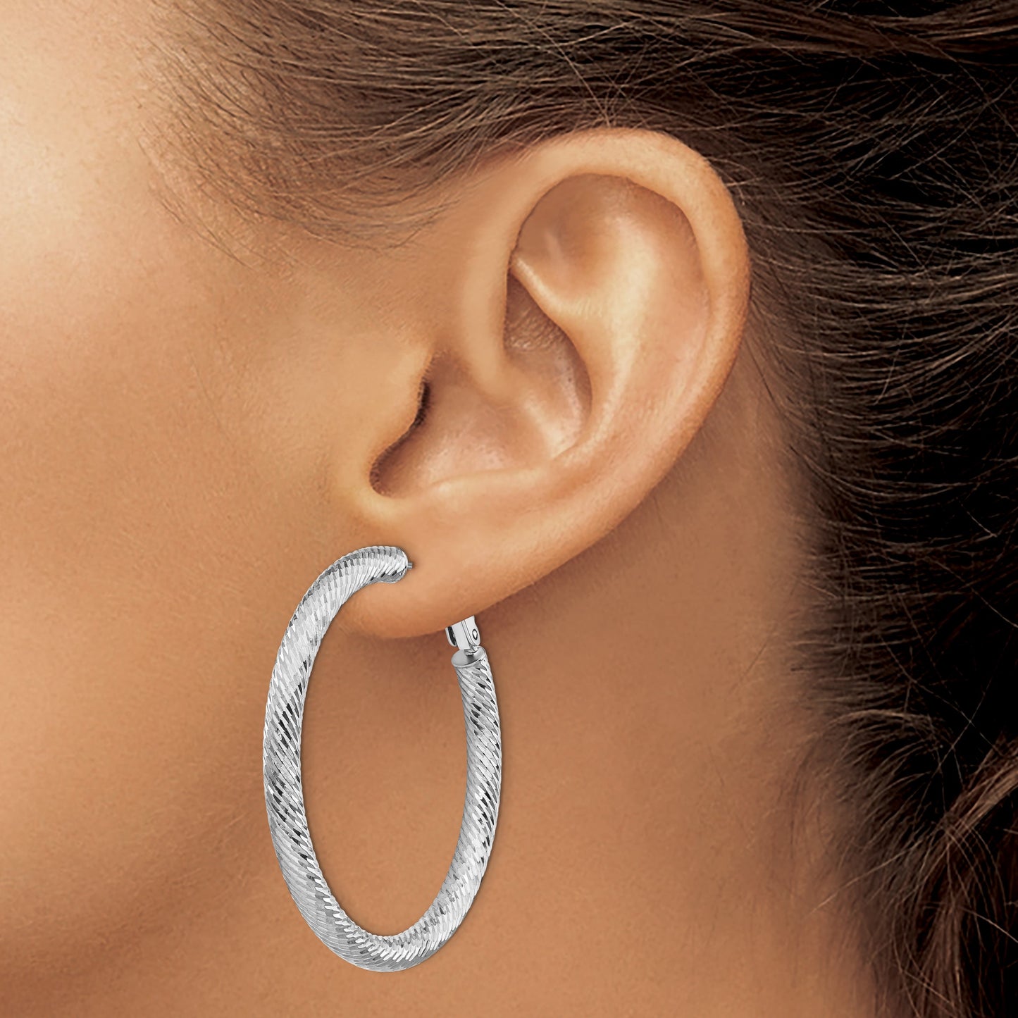 14k White Gold 4x45mm Diamond-cut Round Omega Back Tube Hoop Earrings