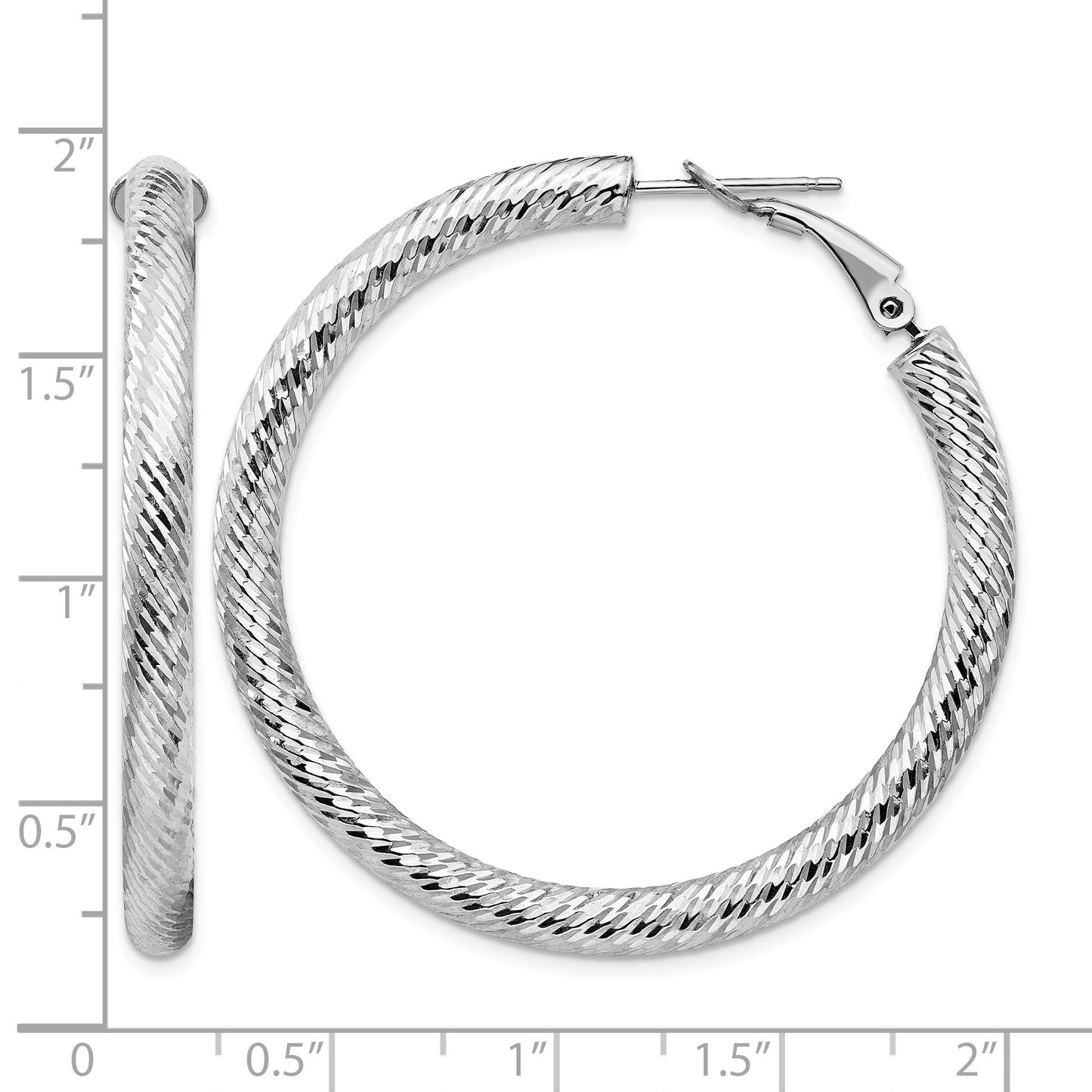 14k White Gold 4x45mm Diamond-cut Round Omega Back Tube Hoop Earrings