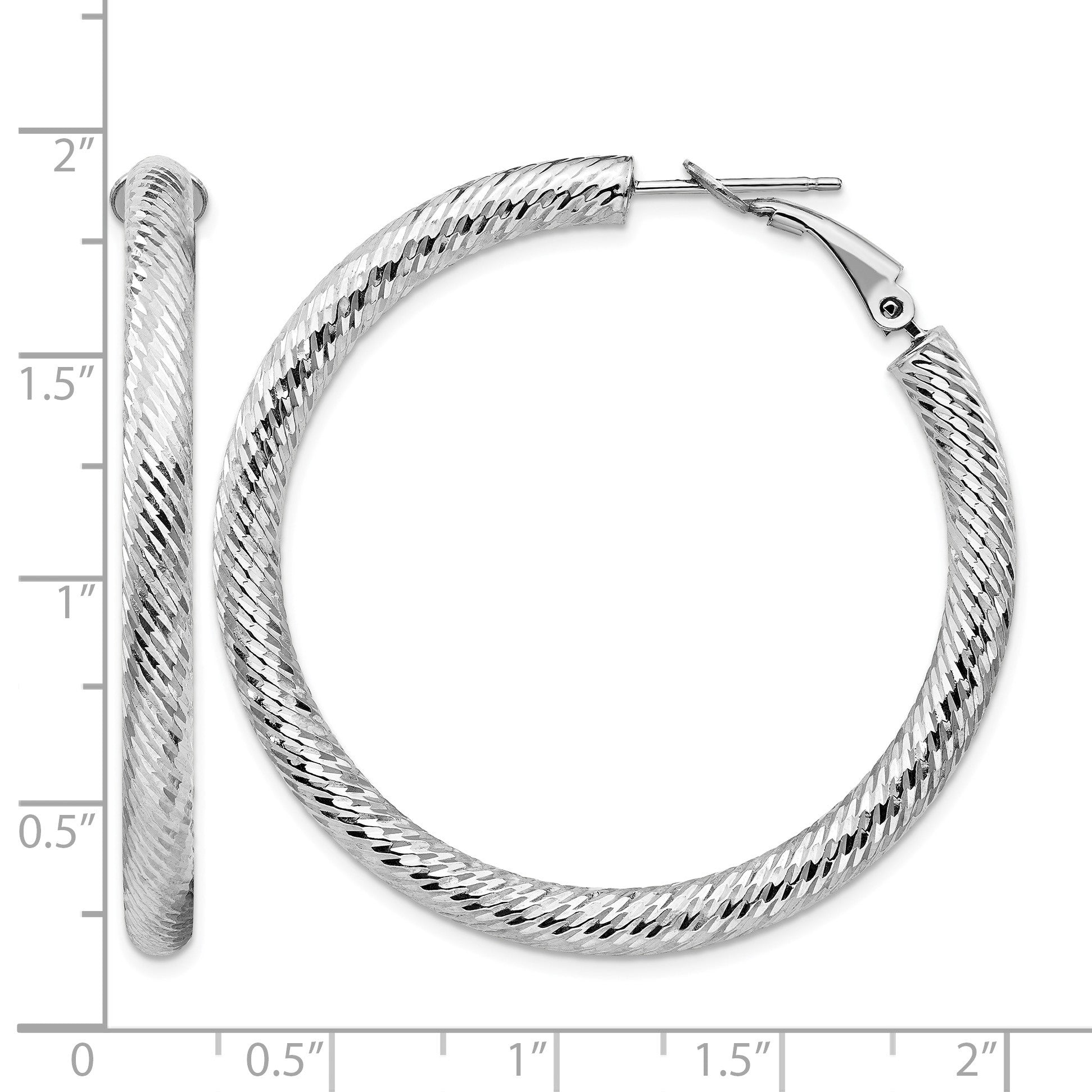 14k White Gold 4x45mm Diamond-cut Round Omega Back Tube Hoop Earrings