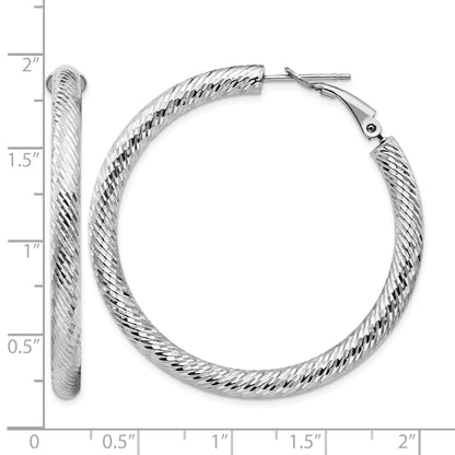 14k White Gold 4x45mm Diamond-cut Round Omega Back Tube Hoop Earrings