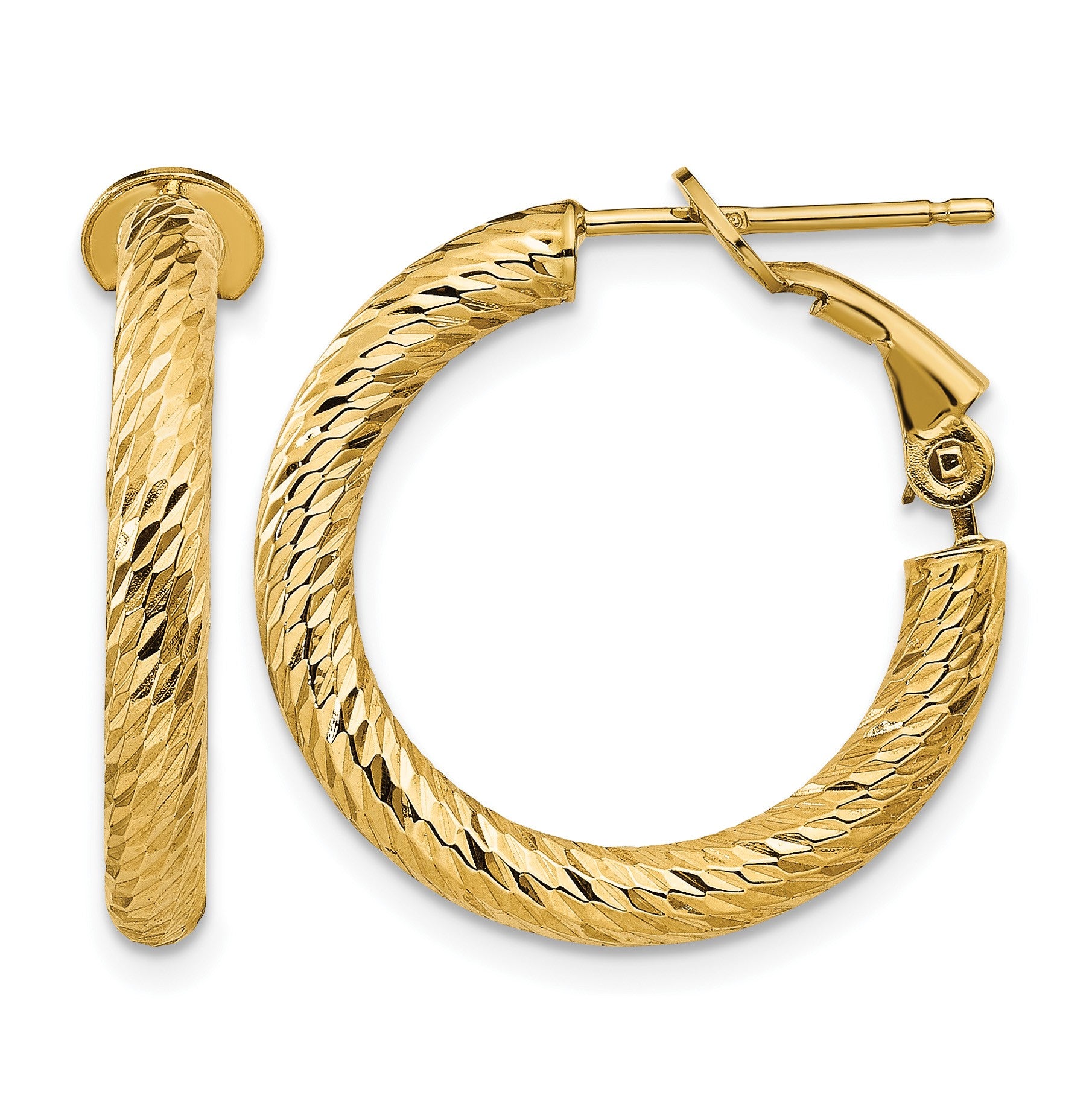 14k 3x21mm Polished Diamond-cut Round Omega Back Tube Hoop Earrings