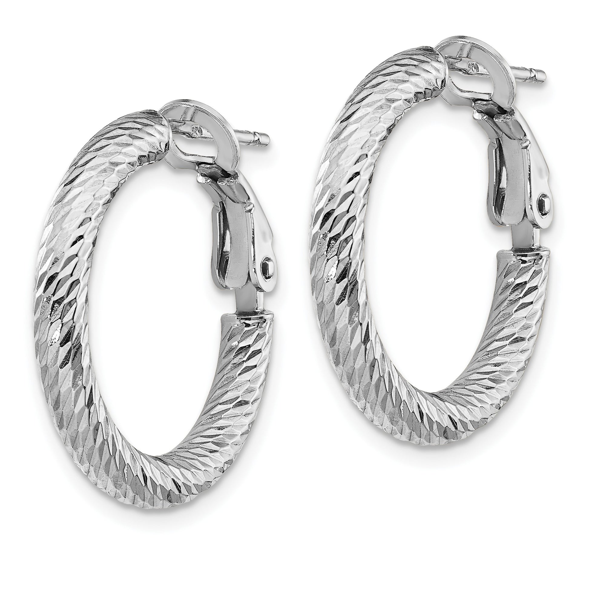 14k White Gold 3x21mm Diamond-cut Round Omega Back Tube Hoop Earrings