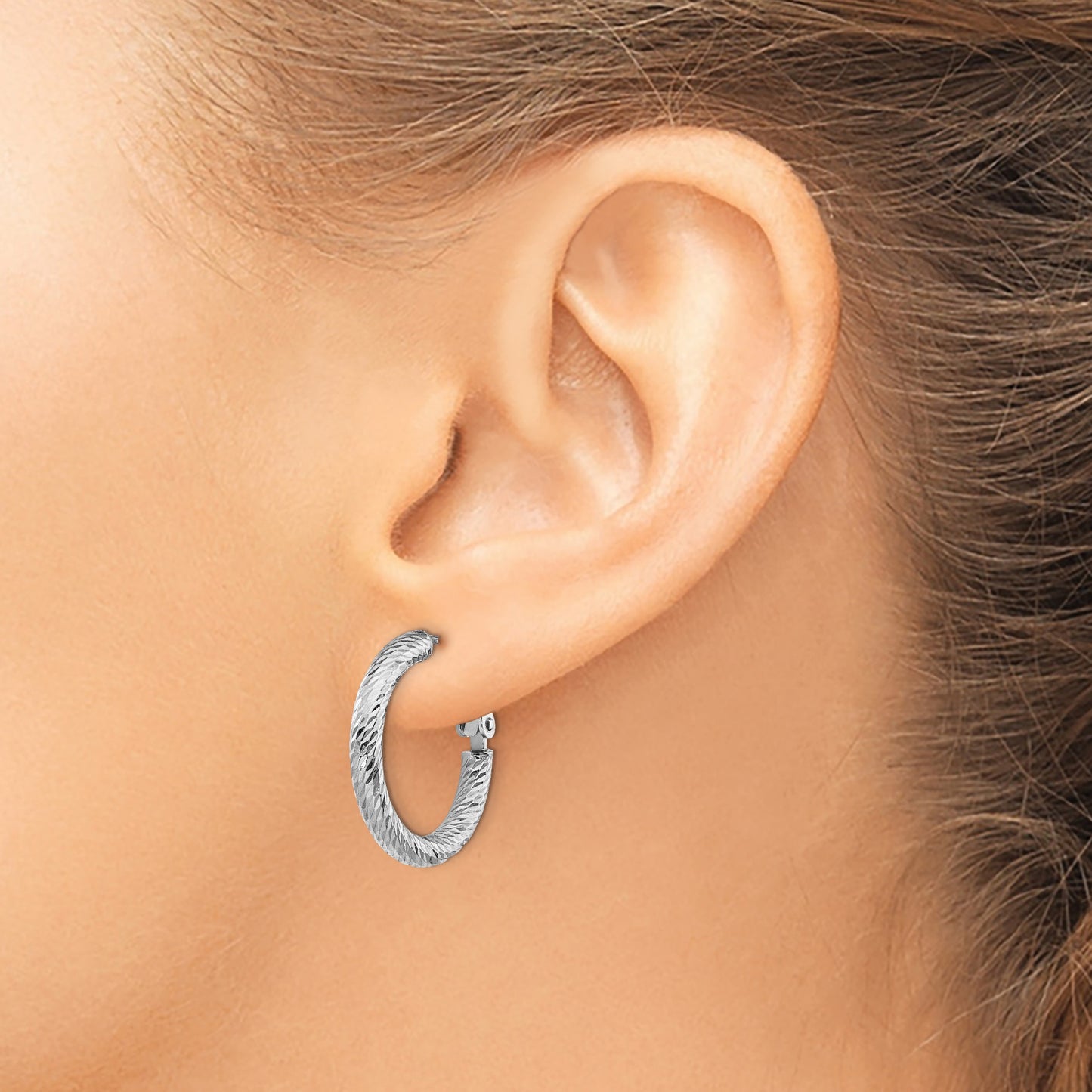 14k White Gold 3x21mm Diamond-cut Round Omega Back Tube Hoop Earrings
