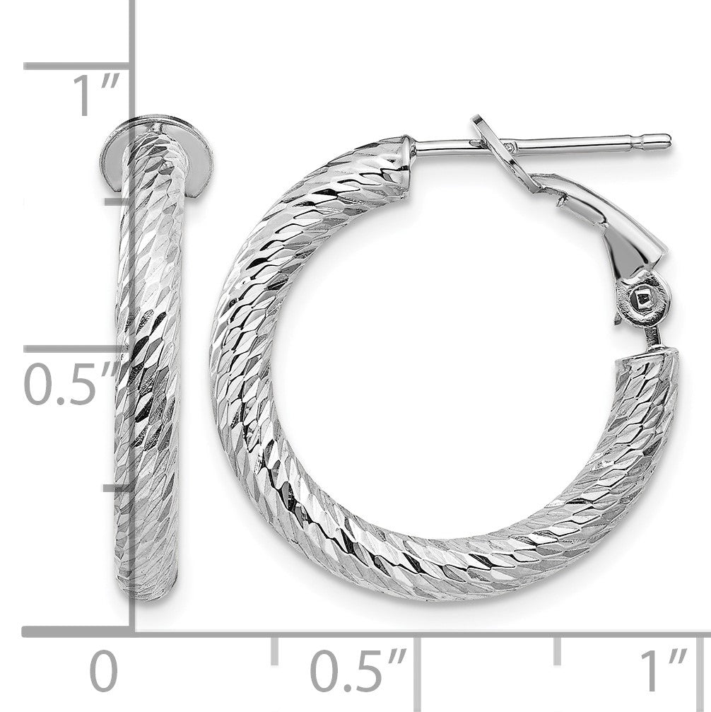 14k White Gold 3x21mm Diamond-cut Round Omega Back Tube Hoop Earrings