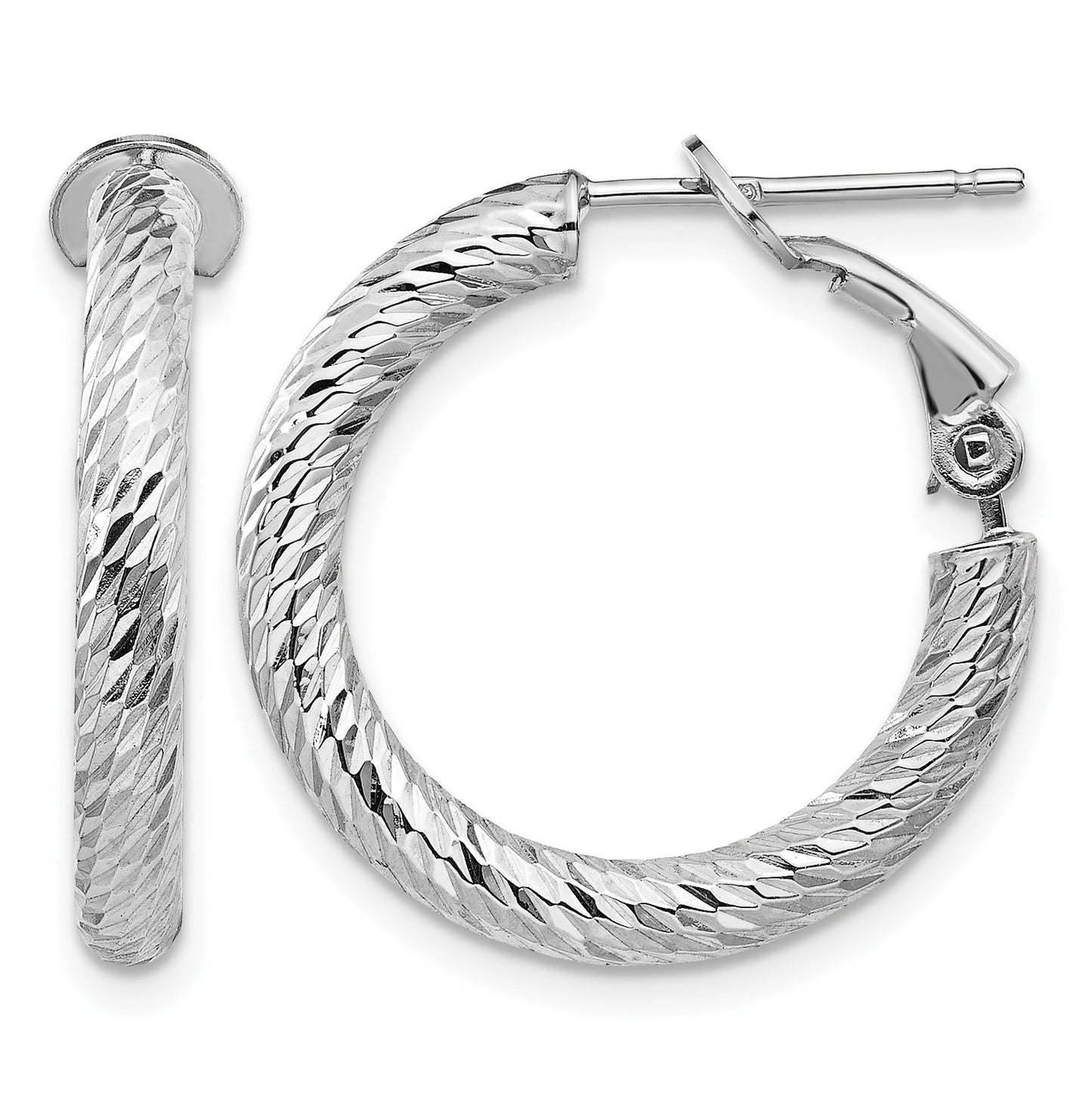 14k White Gold 3x21mm Diamond-cut Round Omega Back Tube Hoop Earrings