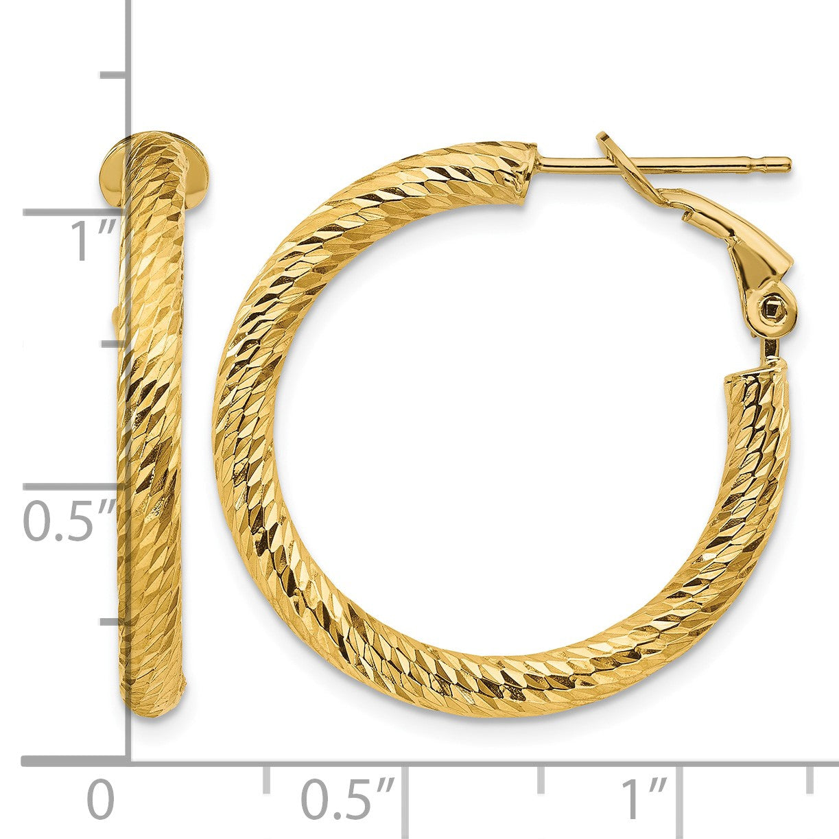 14k 3x27mm Diamond-cut Round Omega Back Tube Hoop Earrings