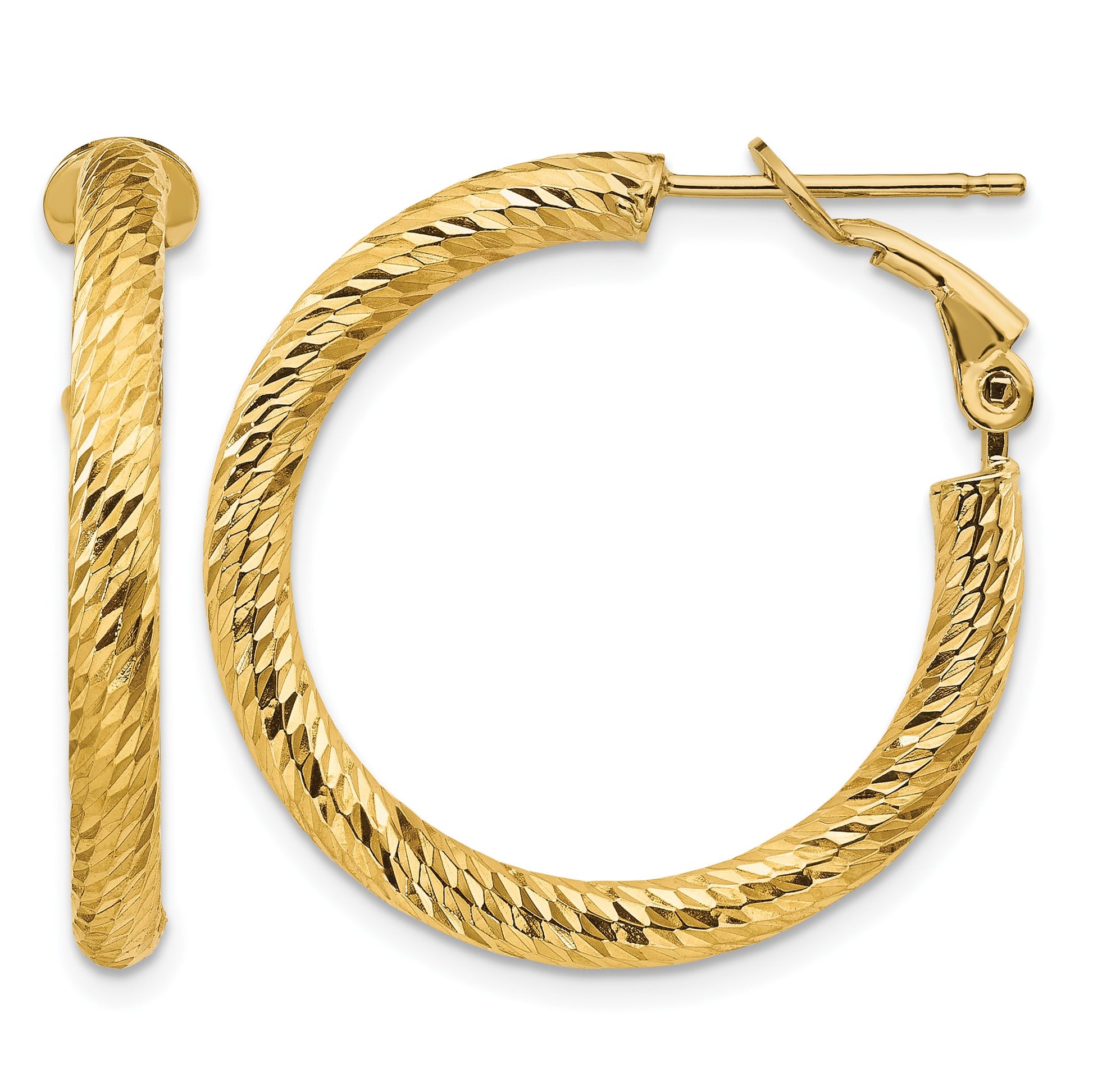 14k 3x27mm Diamond-cut Round Omega Back Tube Hoop Earrings