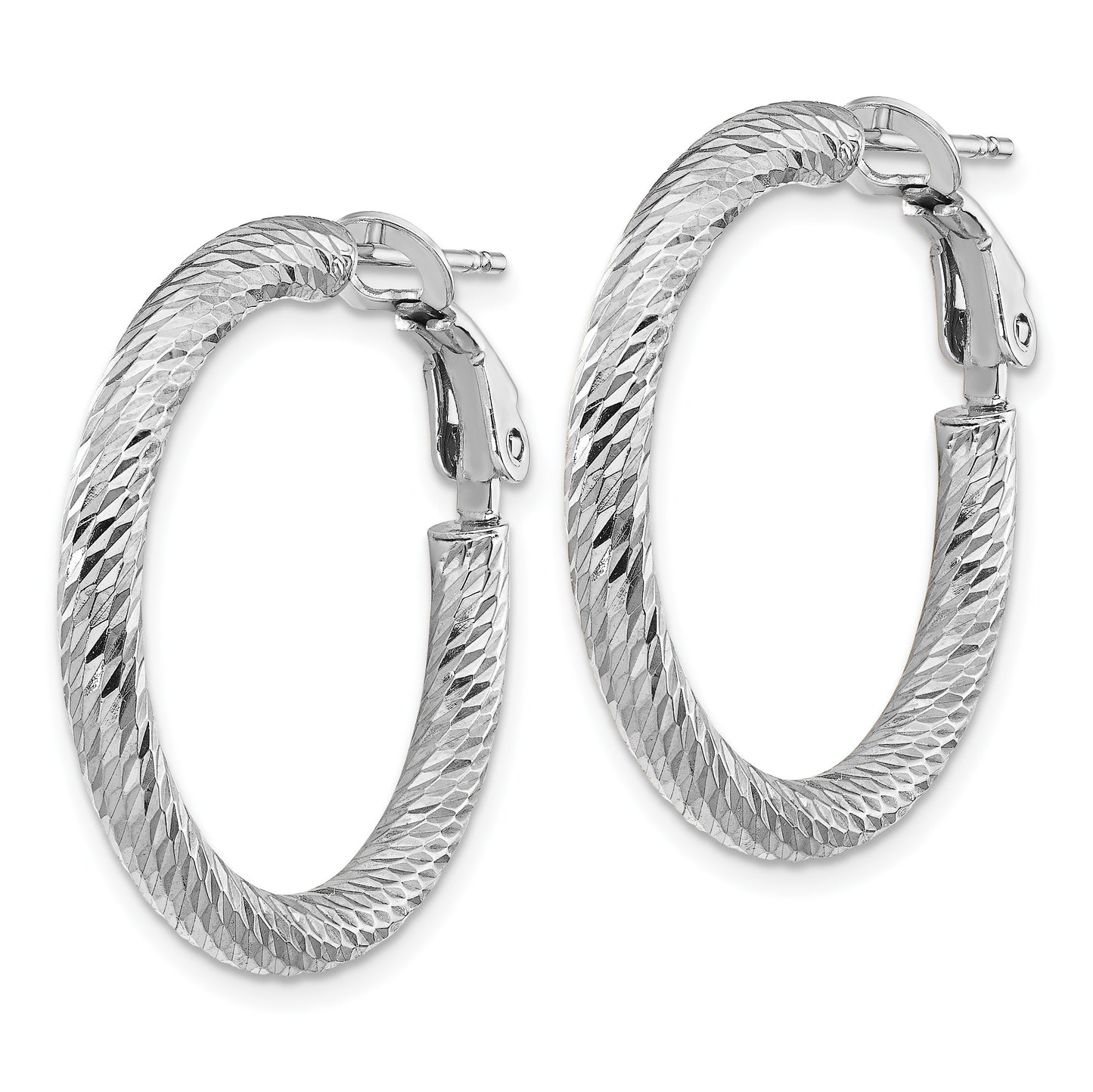 14k White Gold 3x27mm Diamond-cut Round Omega Back Tube Hoop Earrings
