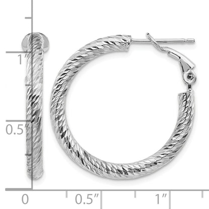 14k White Gold 3x27mm Diamond-cut Round Omega Back Tube Hoop Earrings
