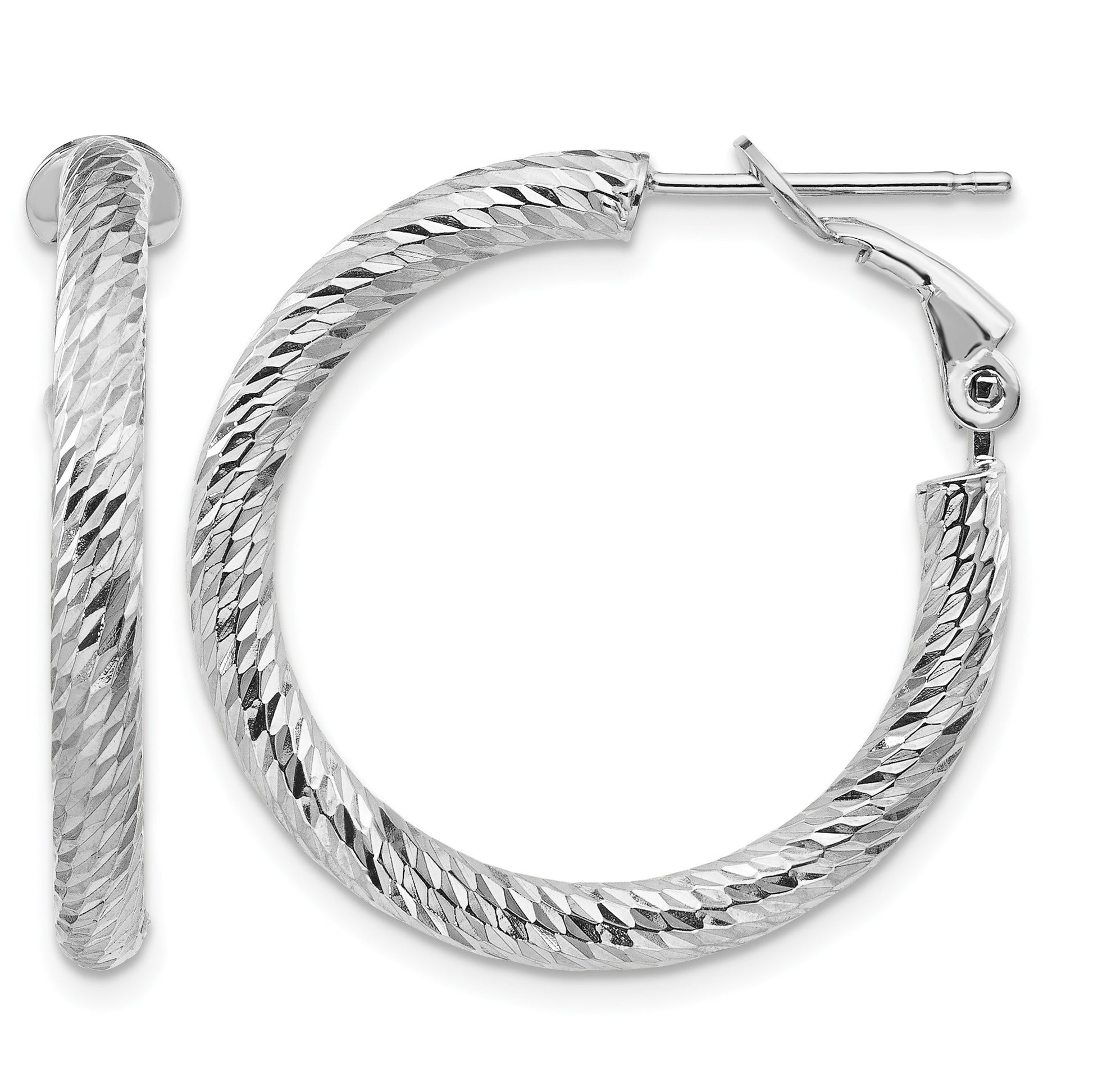 14k White Gold 3x27mm Diamond-cut Round Omega Back Tube Hoop Earrings