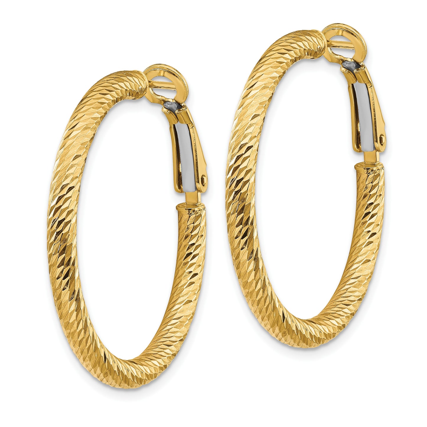 14k 3x32mm Diamond-cut Round Omega Back Tube Hoop Earrings