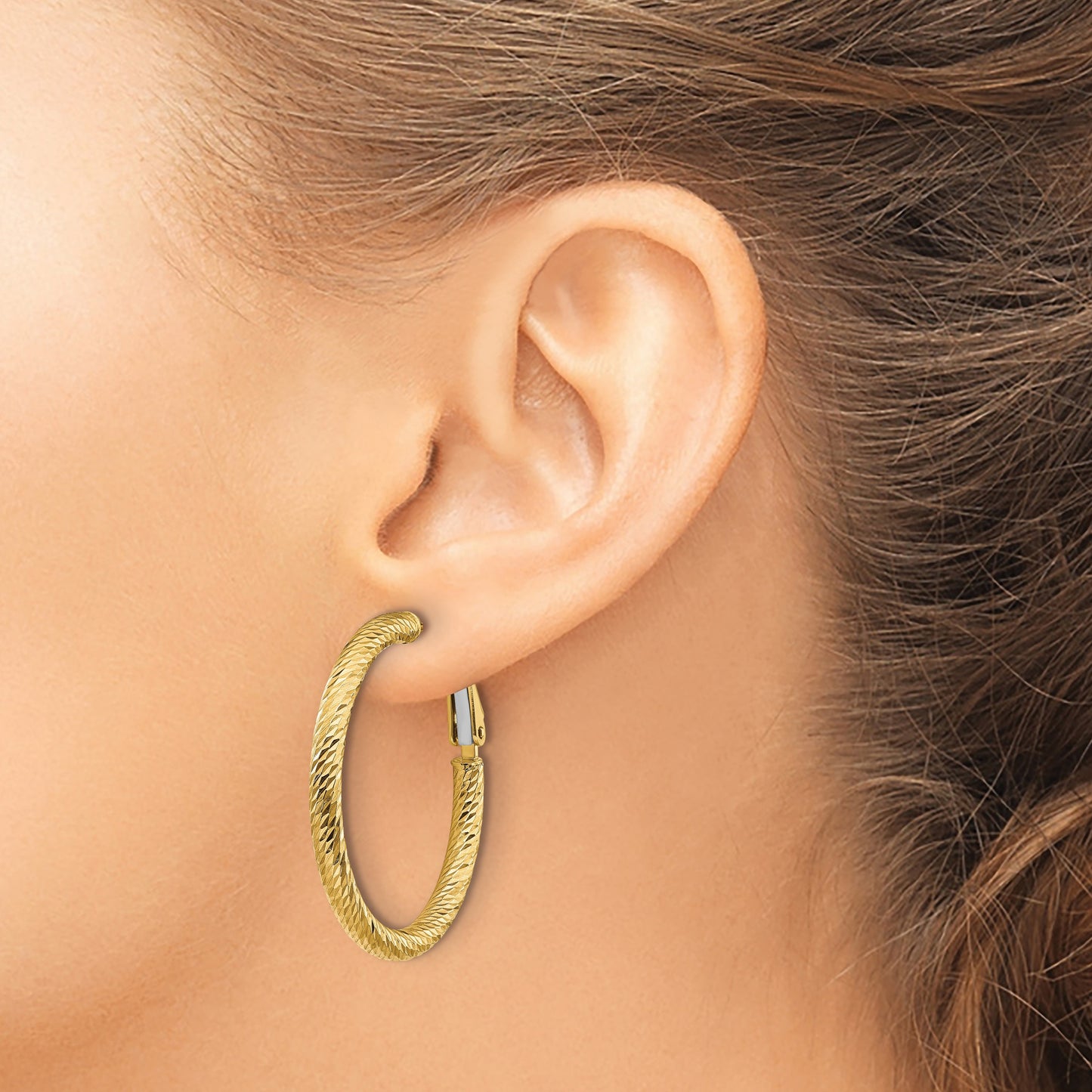 14k 3x32mm Diamond-cut Round Omega Back Tube Hoop Earrings