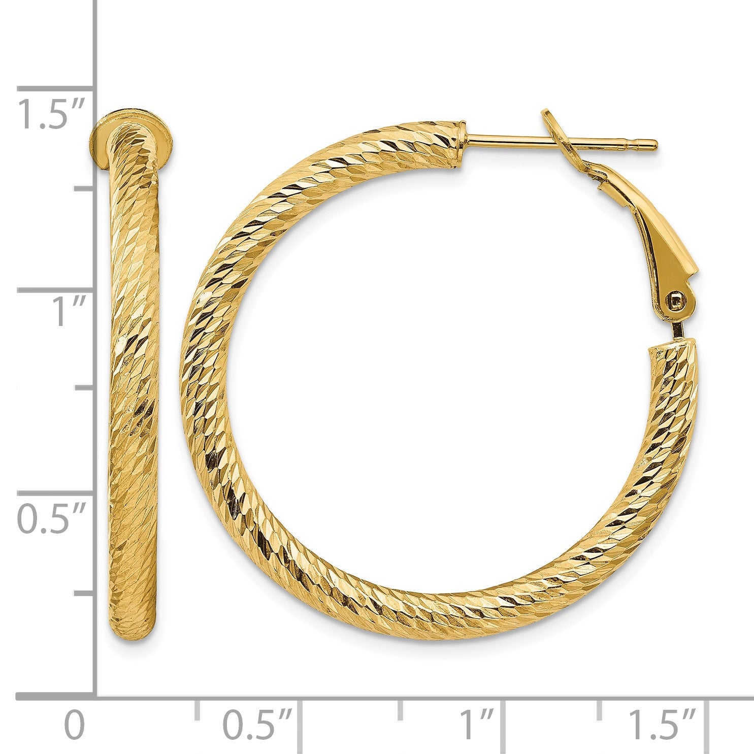 14k 3x32mm Diamond-cut Round Omega Back Tube Hoop Earrings