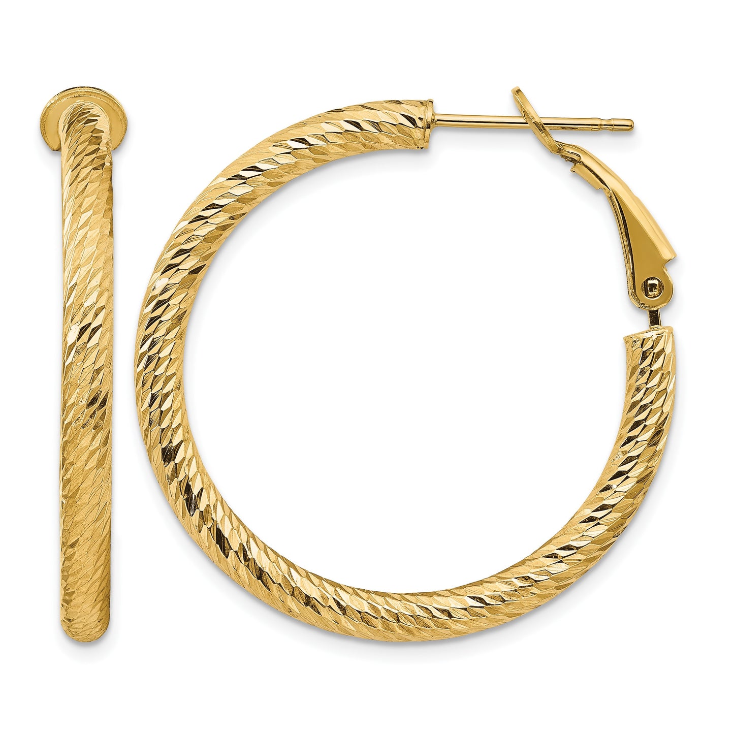 14k 3x32mm Diamond-cut Round Omega Back Tube Hoop Earrings