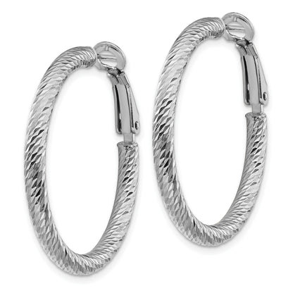 14k White Gold 3x32mm Diamond-cut Round Omega Back Tube Hoop Earrings