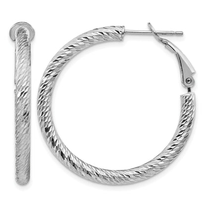 14k White Gold 3x32mm Diamond-cut Round Omega Back Tube Hoop Earrings