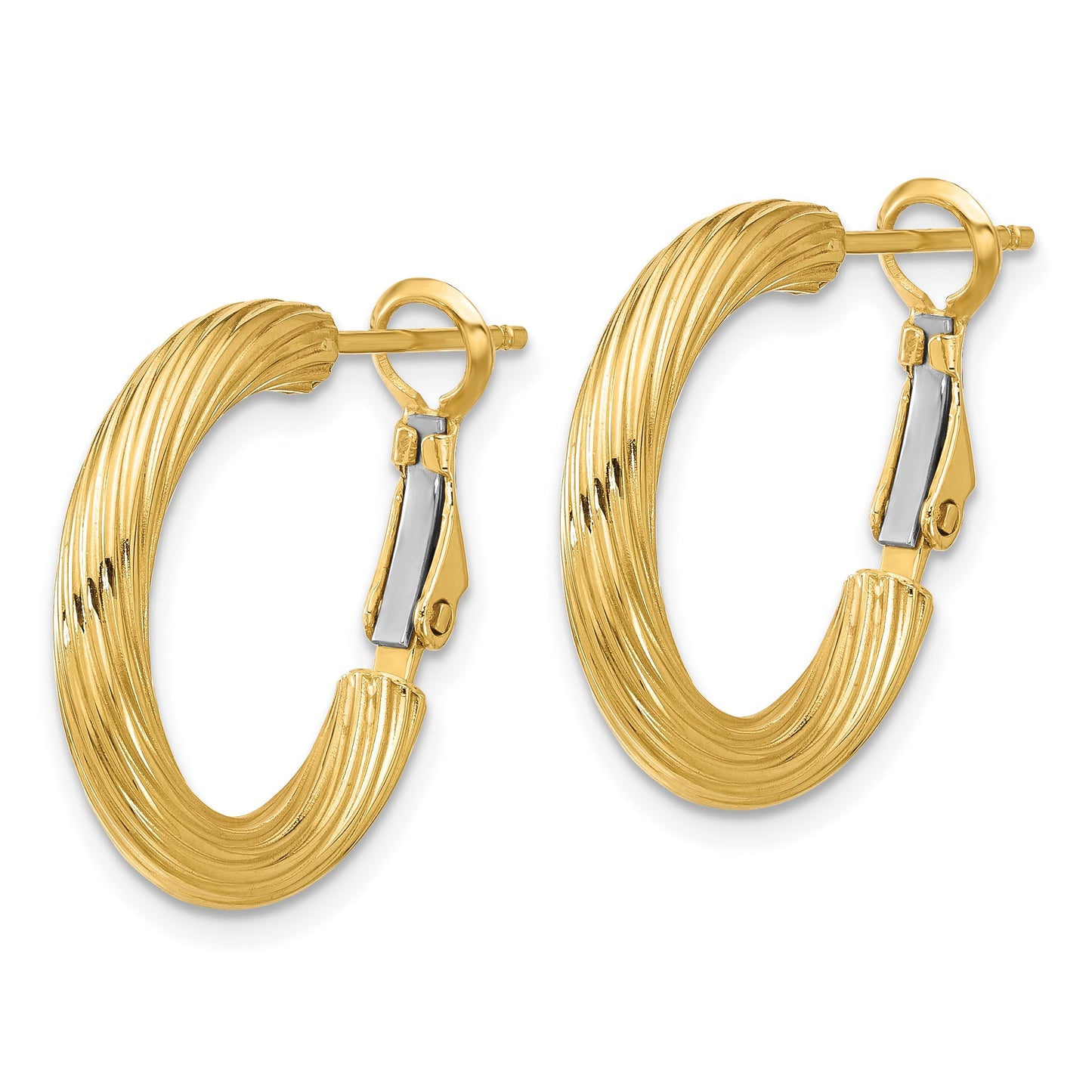 14k 3x21mm Twisted Round Omega Back Tube Hoop Earrings