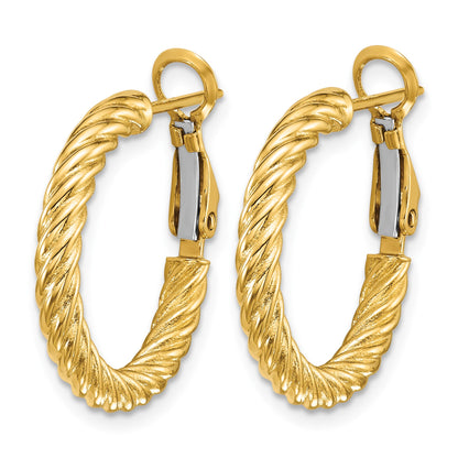 14k 3x21mm Twisted Round Omega Back Tube Hoop Earrings