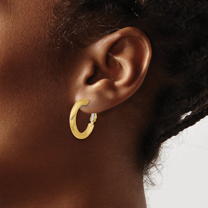 14k 3x21mm Twisted Round Omega Back Tube Hoop Earrings