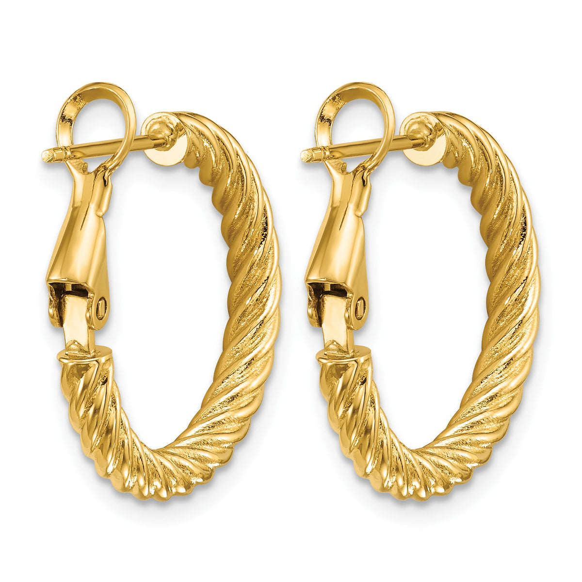 14k 3x21mm Twisted Round Omega Back Tube Hoop Earrings
