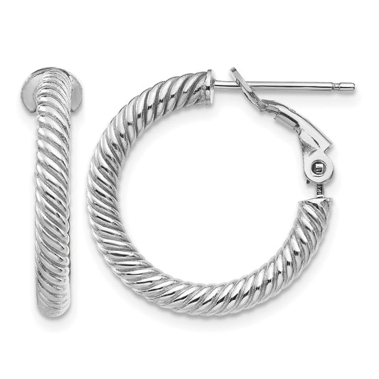 14k White Gold 3x21mm Twisted Round Omega Back Tube Hoop Earrings