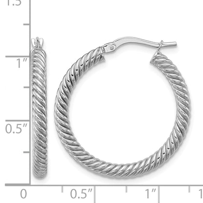 14k White Gold 3x26mm Twisted Round Tube Hoop Earrings