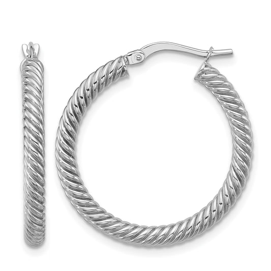 14k White Gold 3x26mm Twisted Round Tube Hoop Earrings