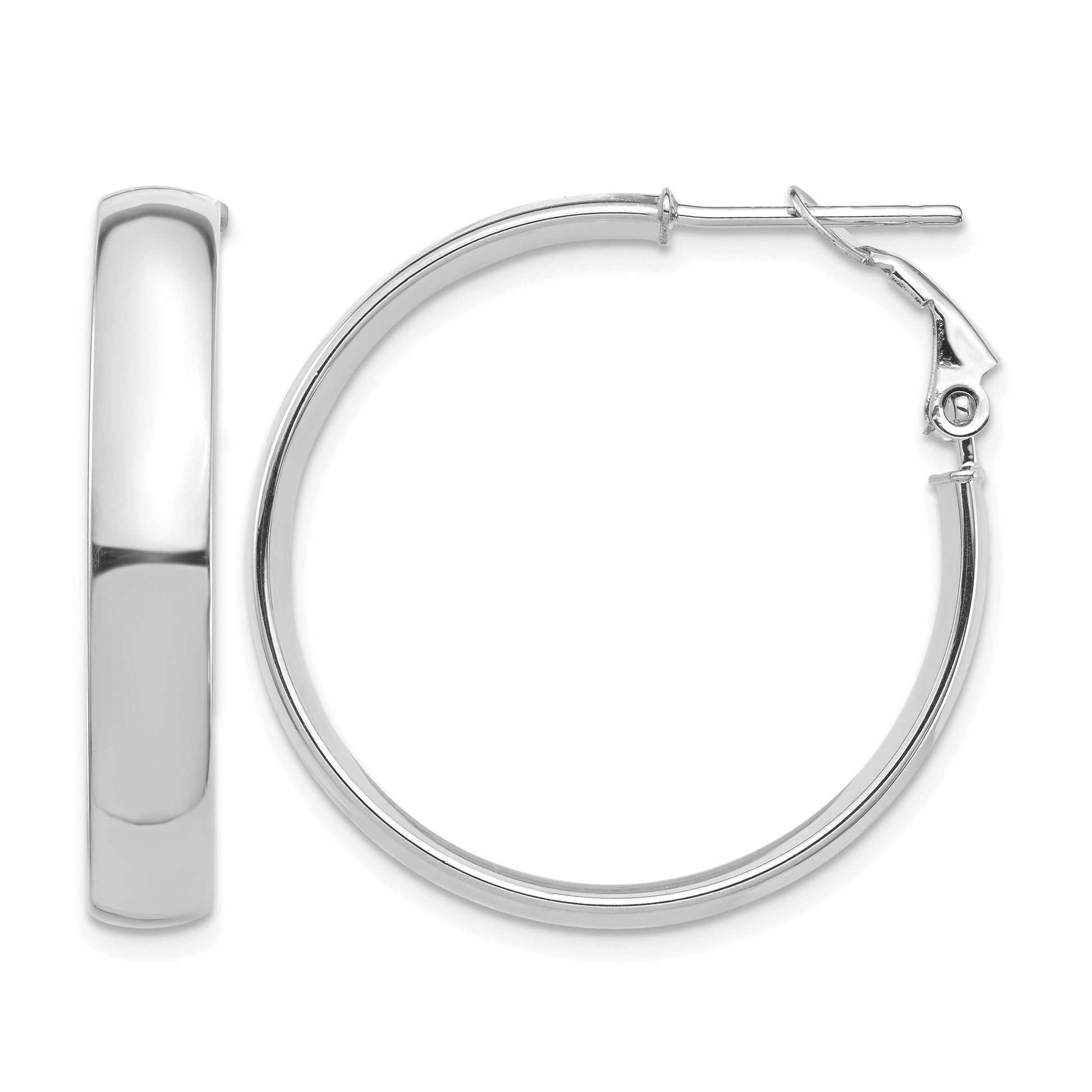14k White Gold 5x30mm High Polished Flat Tube Omega Back Hoop Earrings