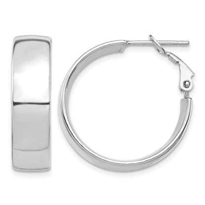 14k White Gold 7x25mm High Polished Flat Tube Omega Back Hoop Earrings