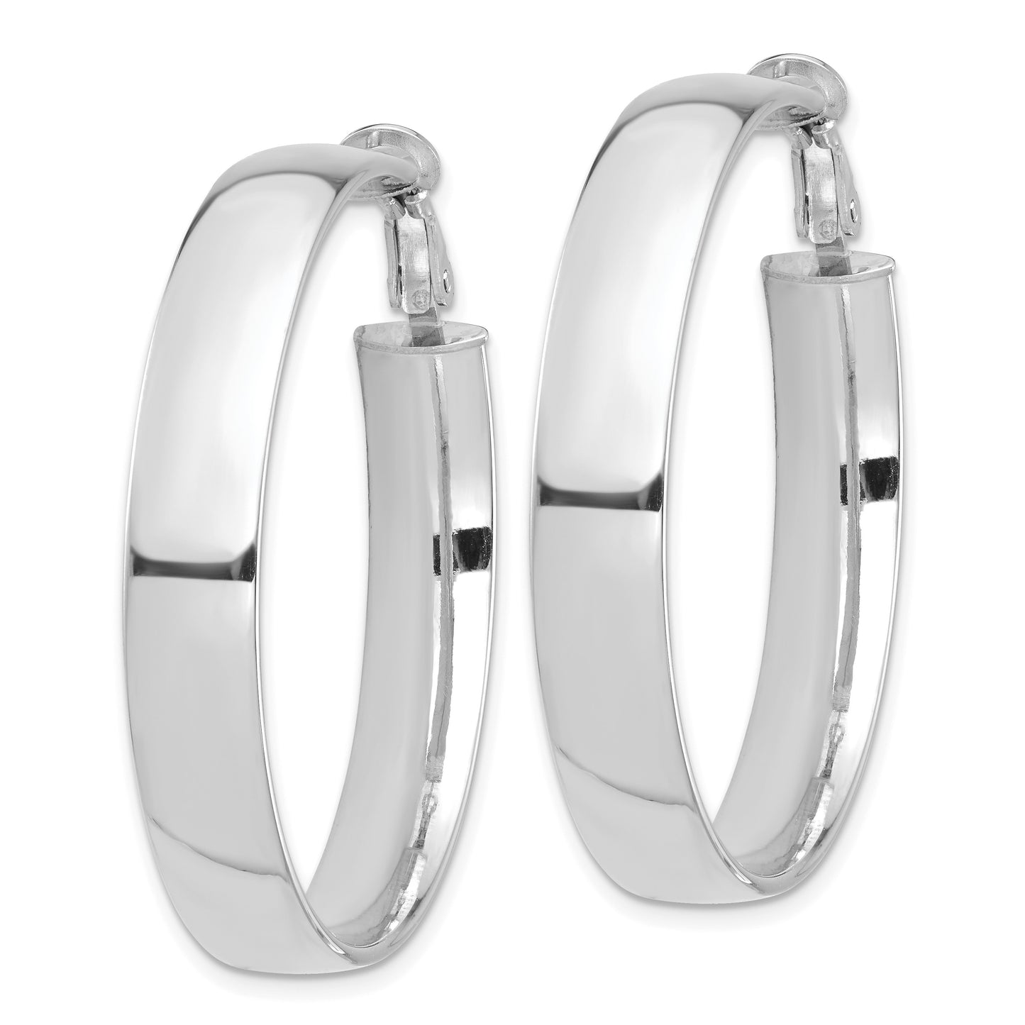 14k White Gold 7x42mm High Polished Flat Tube Omega Back Hoop Earrings