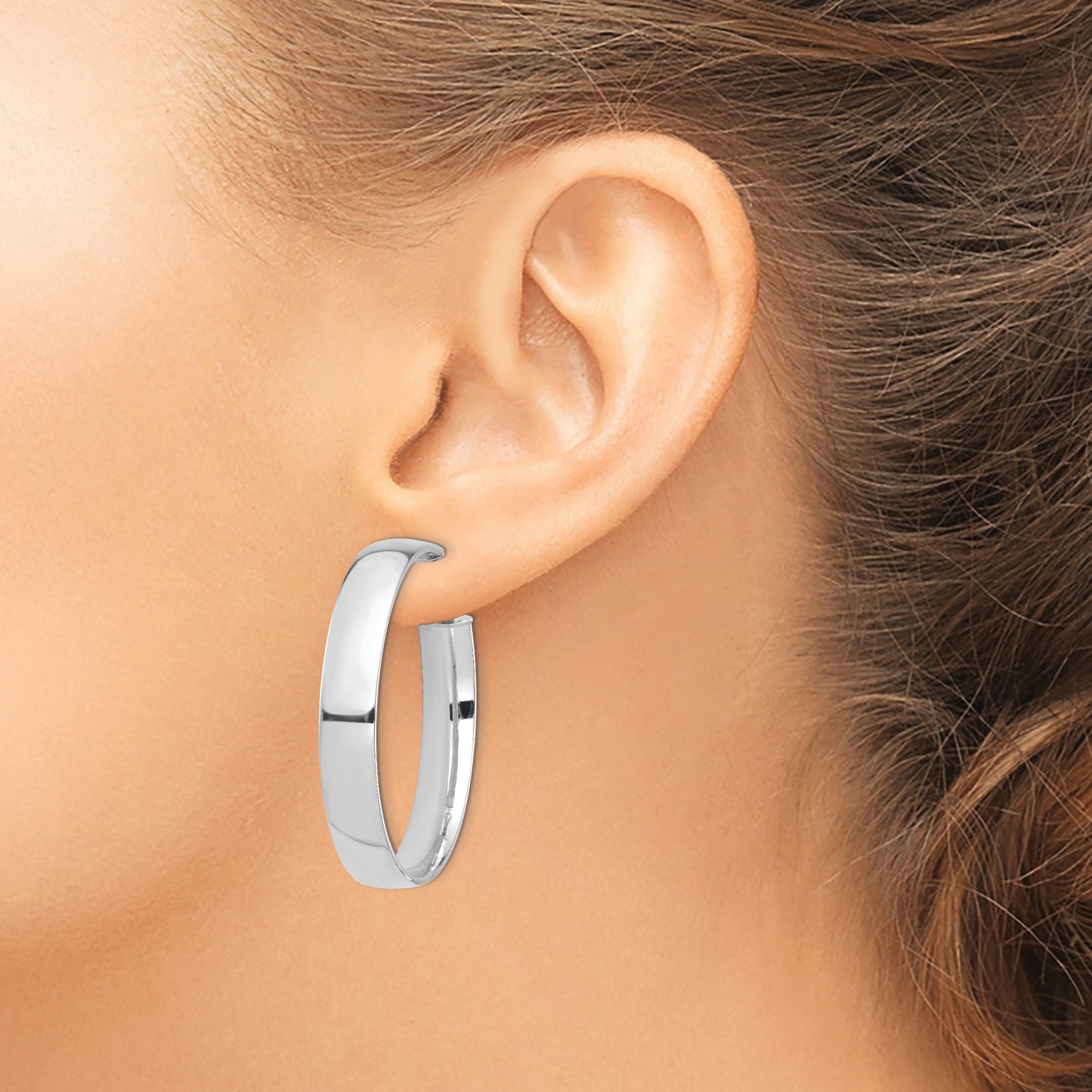 14k White Gold 7x42mm High Polished Flat Tube Omega Back Hoop Earrings