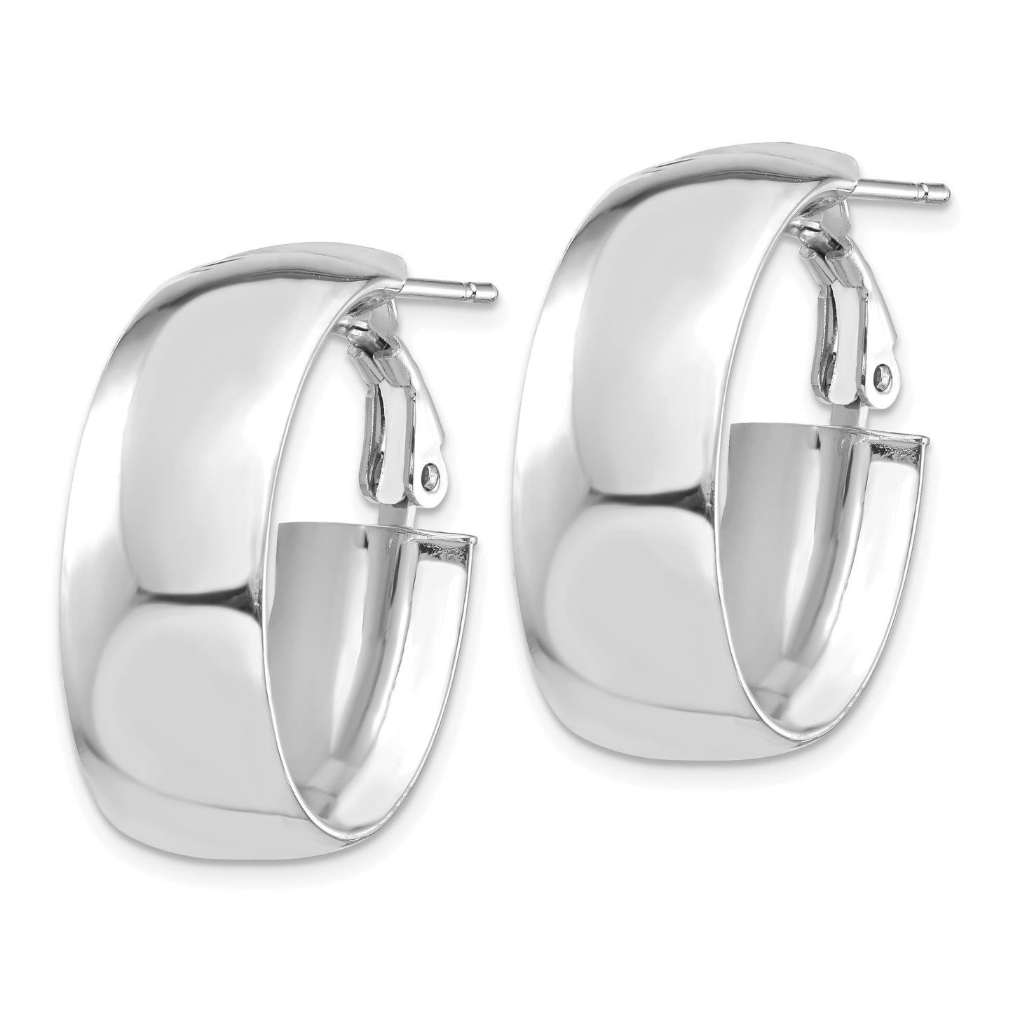 14k White Gold 10x25mm High Polished Oval Omega Back Tube Hoop Earrings