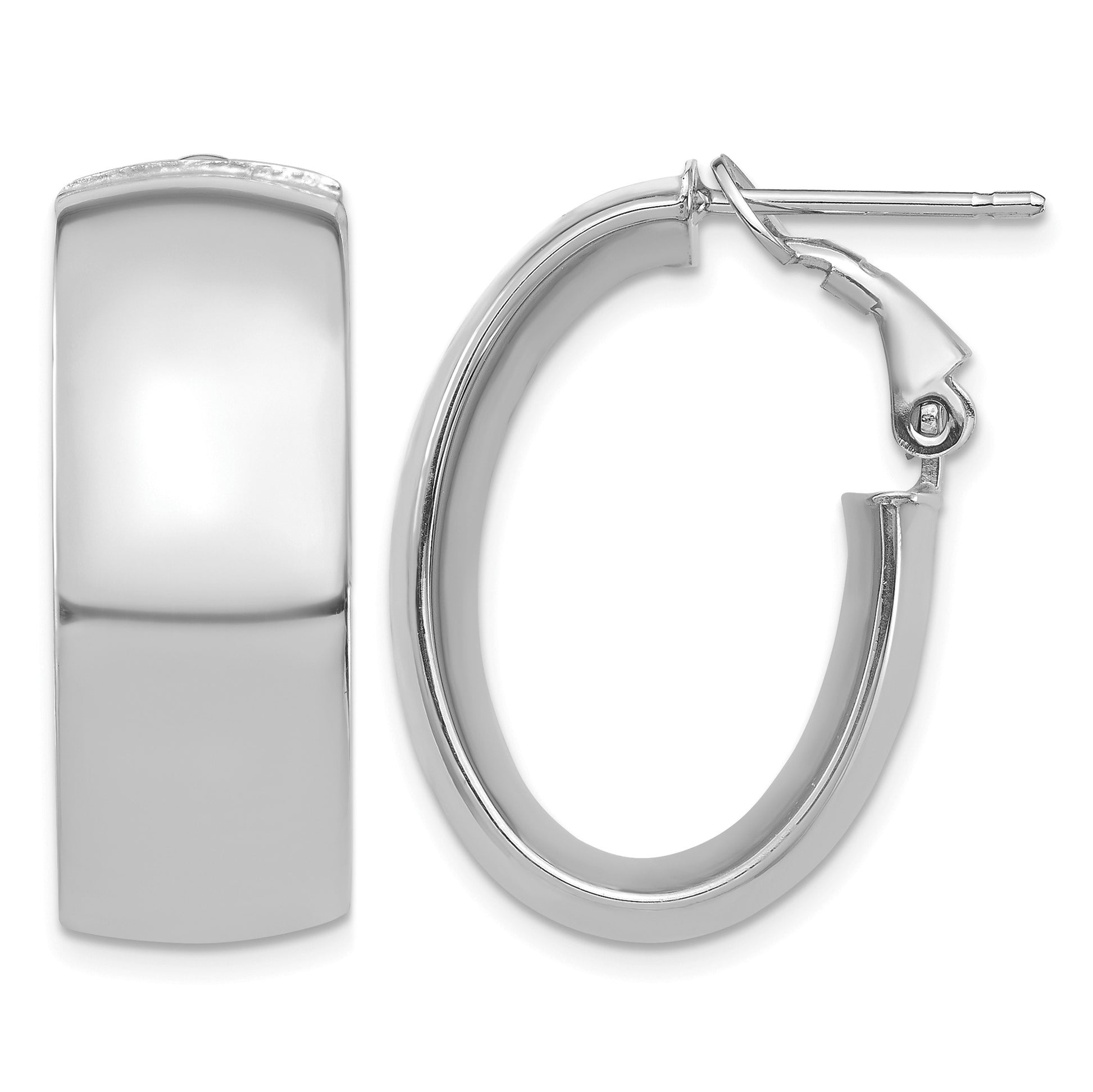 14k White Gold 10x25mm High Polished Oval Omega Back Tube Hoop Earrings