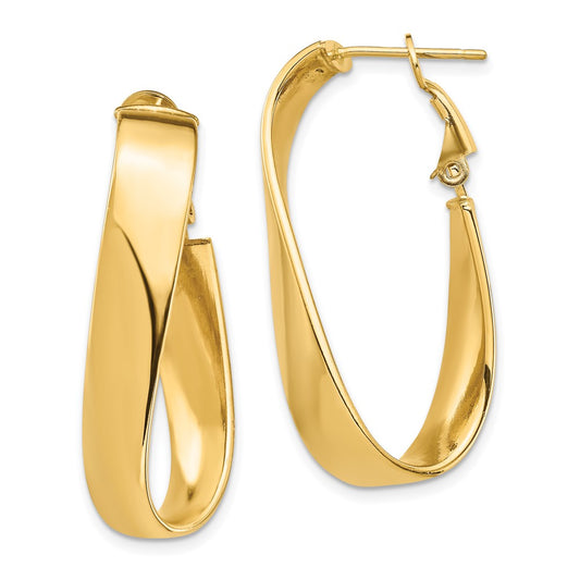 14k High Polished 7mm Wavy Oval Omega Back Hoop Earrings