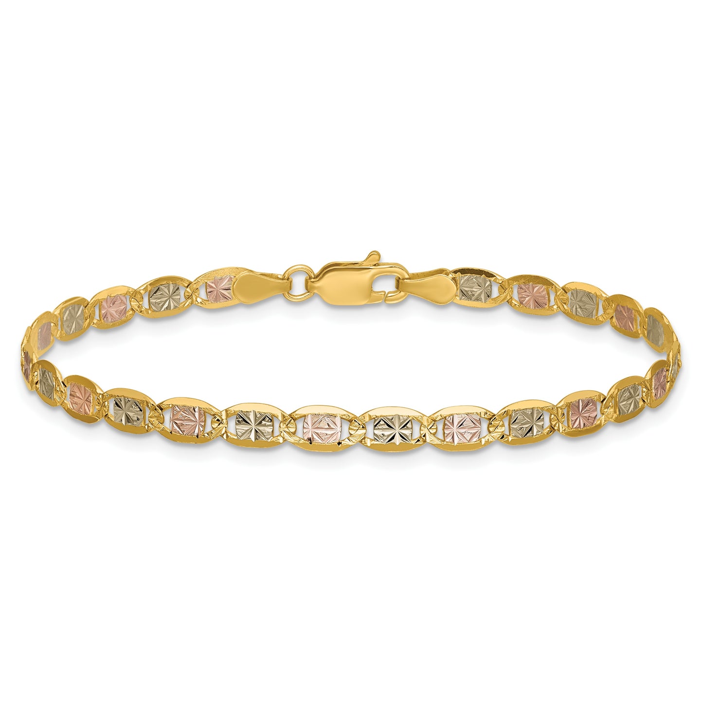 14K 7 inch 3.8mm Tri-color Pav� Valentino with Lobster Clasp Bracelet