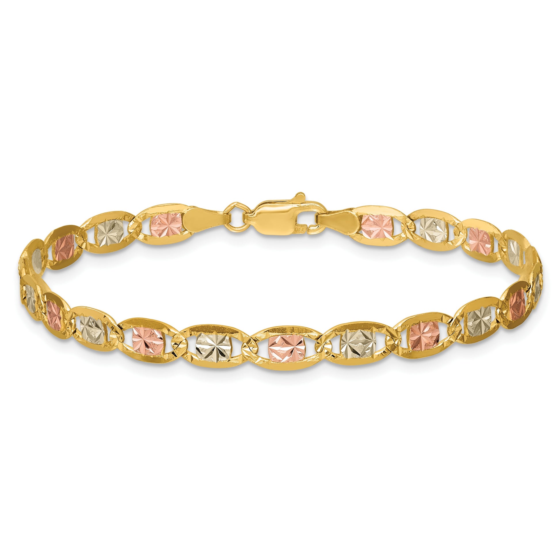 14K 8 inch 4.65mm Tri-color Pav� Valentino with Lobster Clasp Bracelet