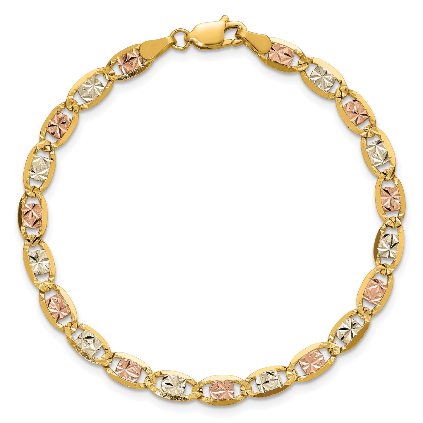 14K 8 inch 4.65mm Tri-color Pav� Valentino with Lobster Clasp Bracelet