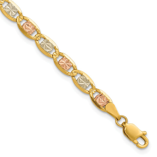 14K 8 inch 4.65mm Tri-color Pav� Valentino with Lobster Clasp Bracelet