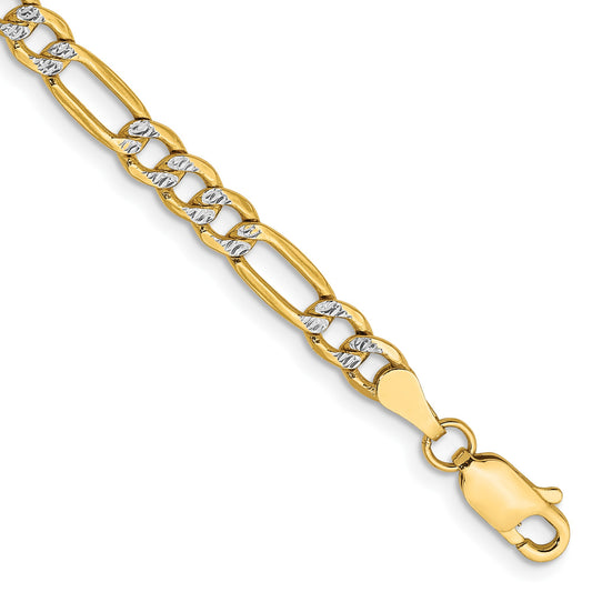 14K 8 inch 3.9mm Semi-Solid with Rhodium Pav� Figaro with Lobster Clasp Bracelet