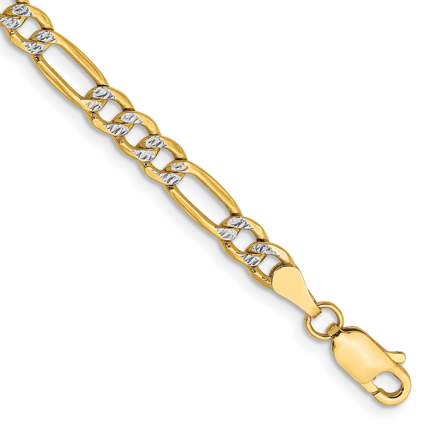 14K 7 inch 3.9mm Semi-Solid with Rhodium Pav� Figaro with Lobster Clasp Bracelet