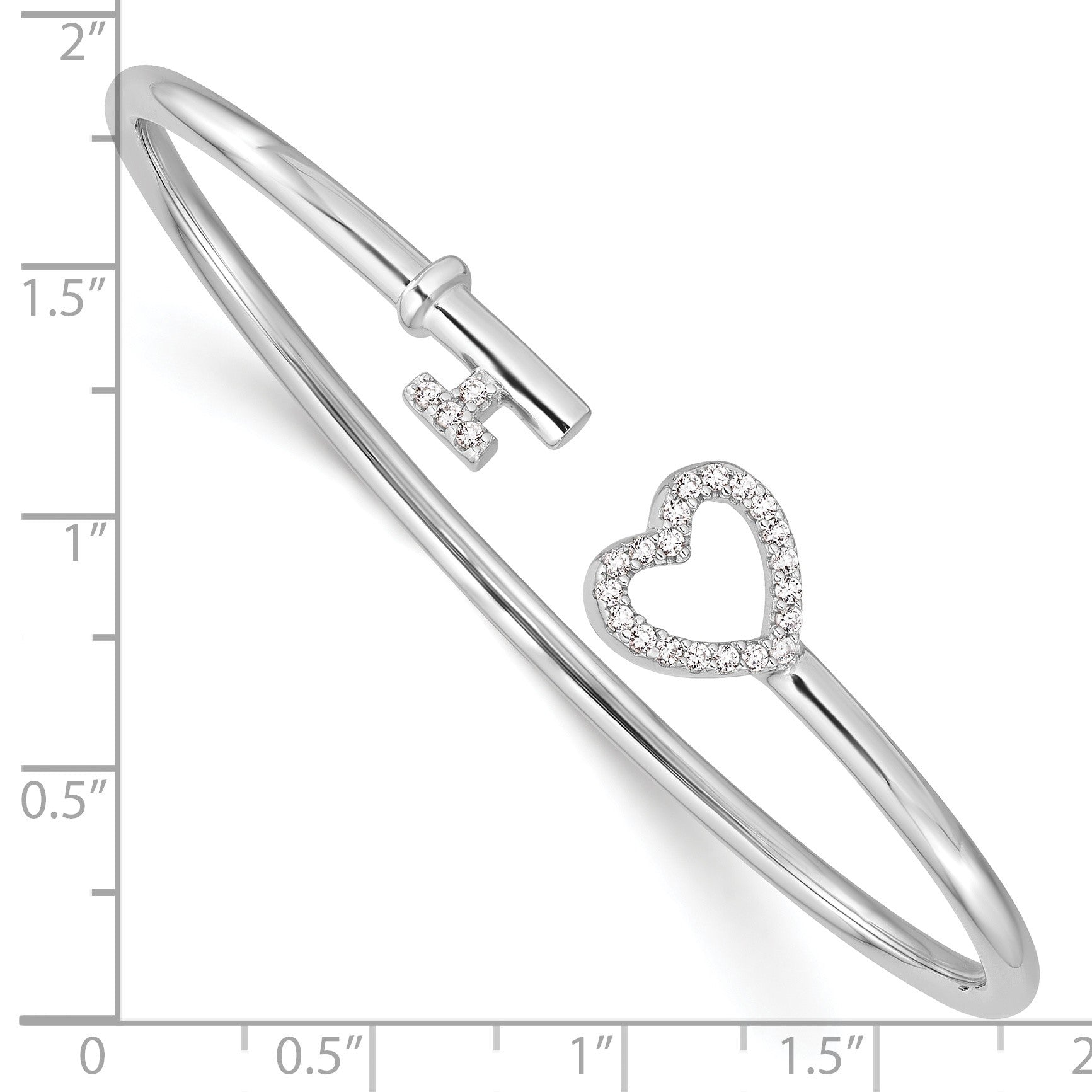 Sterling Silver Rhodium-plated CZ Heart and Key Flexible Bangle
