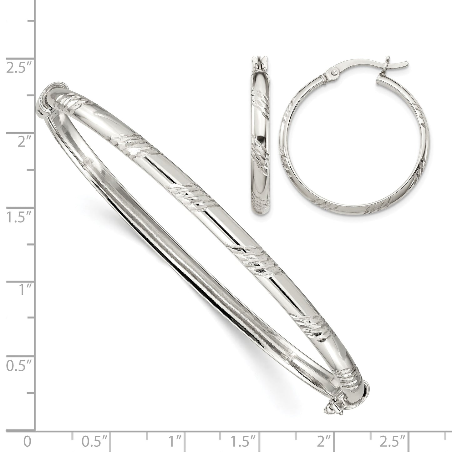 Sterling Silver D/C 4mm Bangle and 3mm Hoop Earring Set