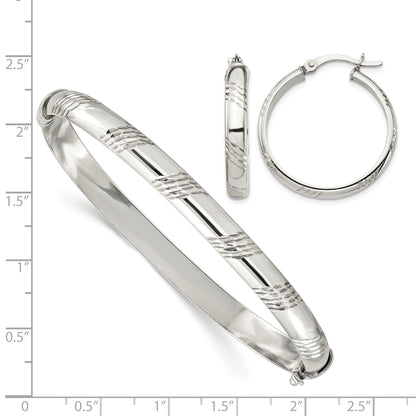 Sterling Silver D/C 6mm Bangle and 4mm Hoop Earring Set